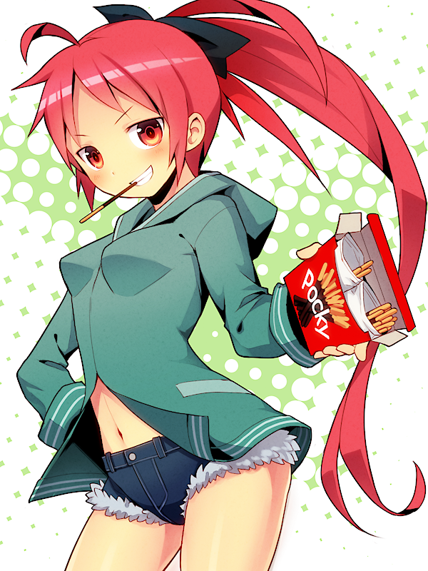 ahoge, blush, breasts, grin, holding, long_hair, looking_at_viewer, mahou_shoujo_madoka_magica