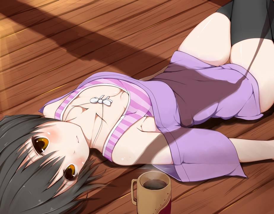 black_hair, black_legwear, blush, brown_hair, collarbone, cup, idolmaster, idolmaster_cinderella_girls