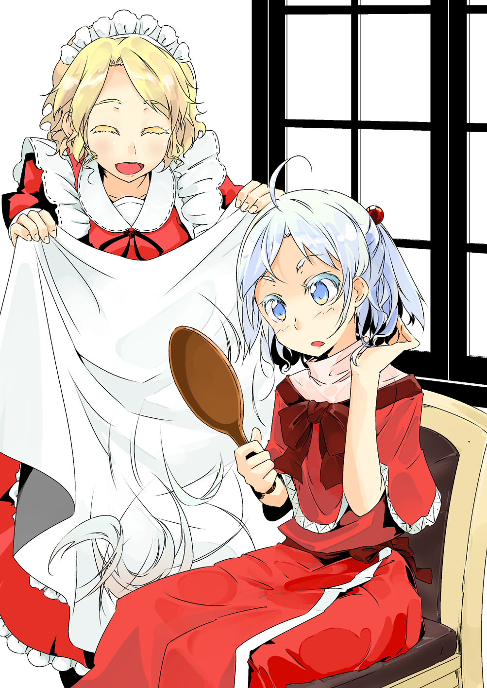 :d, ^_^, ahoge, alternate_hair_length, alternate_hairstyle, black_legwear, blonde_hair, capelet, chair, closed_eyes, colored_eyelashes, cutting_hair, hair, hair_bobbles, hair_cut, hair_ornament, hairdressing, hand_mirror, highres, holding, maid, maid_headdress, mirror, multiple_girls, open_mouth, pantyhose, shinki, shinki_(artist), short_hair, silver_hair, sitting, smile, touhou, touhou_(pc-98), yumeko