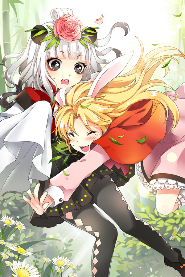bamboo, bangs, black_hair, black_legwear, blonde_hair, blunt_bangs, blush, bunny_ears