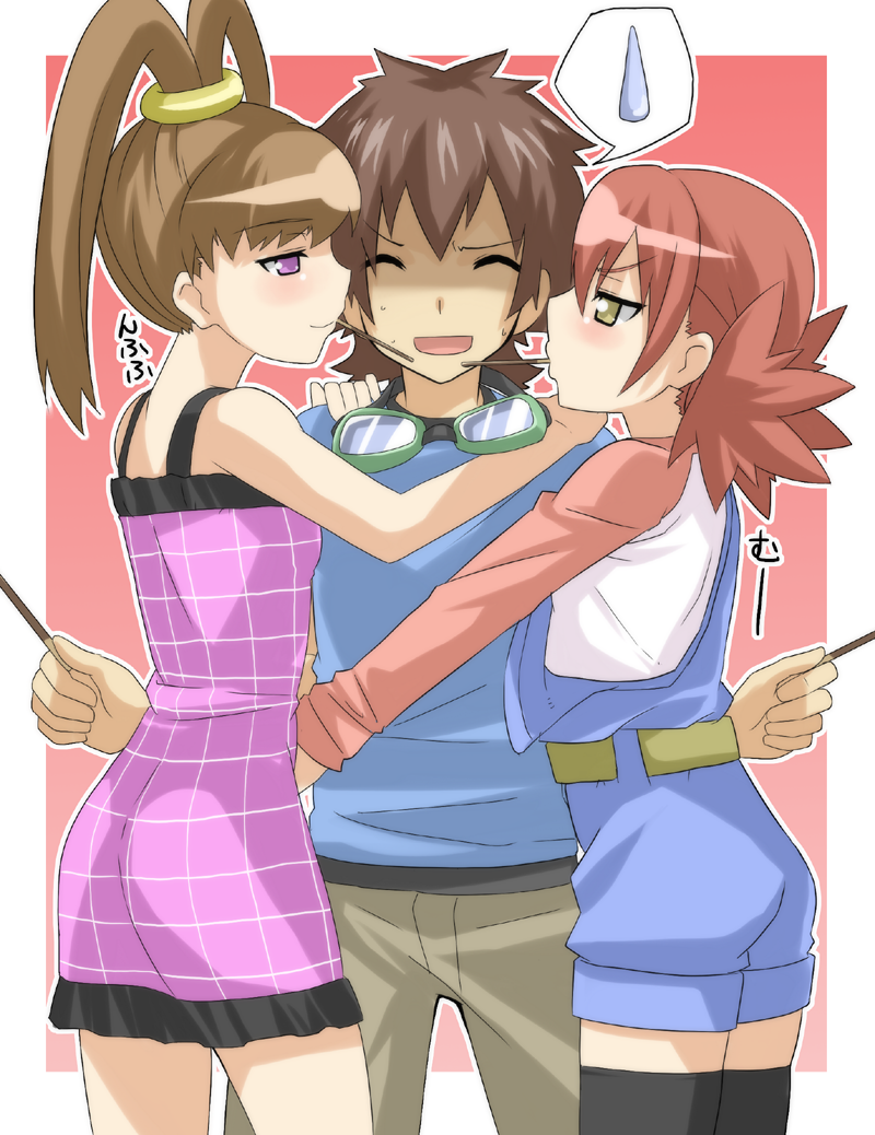 2girls, amano_nene, belt, blush, brown_hair, chicago-x, closed_eyes, digimon