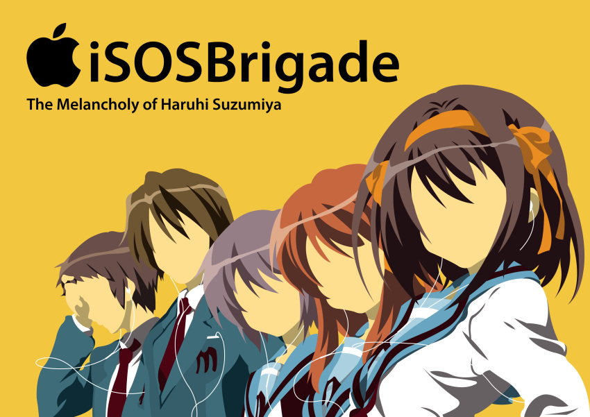 3girls, absurdres, apple_inc., asahina_mikuru, brown_hair, digital_media_player, faceless, flat_color