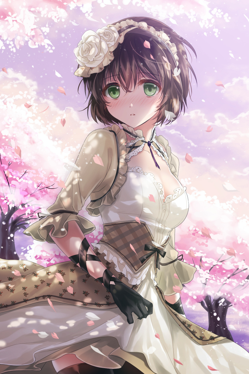 asmis_hara, black_legwear, blush, bow, breasts, brown_hair, cherry_blossoms, cleavage