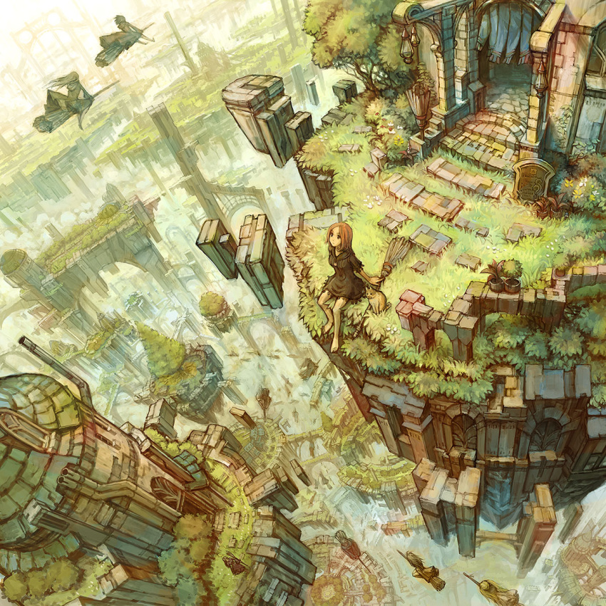 arm_support, barefoot, bridge, broom, broom_riding, brown_hair, building, cat, cityscape, dorayuki, dutch_angle, fantasy, floating_city, from_above, grass, highres, lantern, looking_away, looking_up, multiple_girls, original, overgrown, plant, potted_plant, scenery, sitting, tree