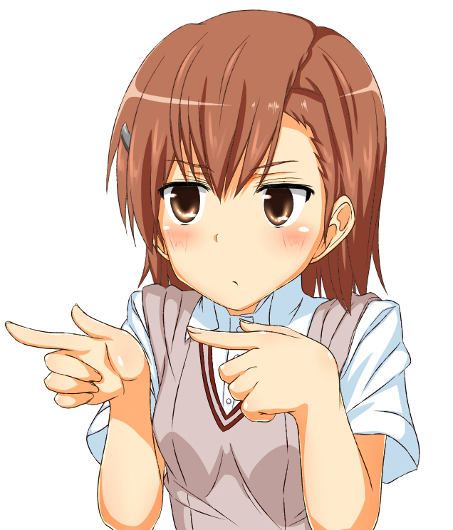 blush, brown_hair, chuunibyou_demo_koi_ga_shitai!, etsuji, hair_ornament, hairpin, misaka_mikoto, parody, school_uniform, short_hair, solo, sparkling_daydream, sweater_vest, to_aru_kagaku_no_railgun, to_aru_majutsu_no_index