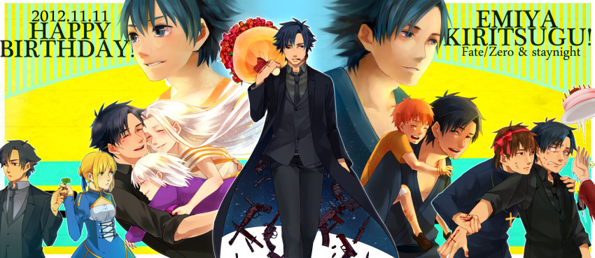 6+boys, adult, birthday, black_eyes, black_hair, blonde_hair, blood, blush
