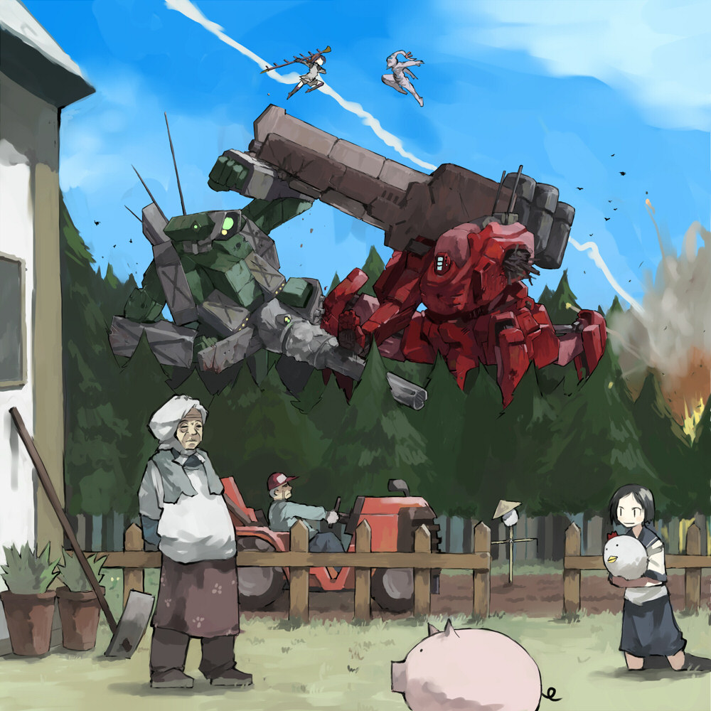 bird, black_hair, chicken, condensation_trail, farm, mecha, pig, school_uniform