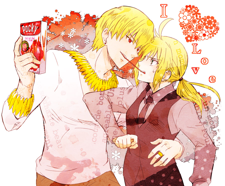 1girl, ahoge, blonde_hair, bracelet, e-0057, fate/zero, fate_(series), formal, gilgamesh, green_eyes, jewelry, long_hair, necklace, pant_suit, pocky, pocky_kiss, ponytail, red_eyes, saber, shared_food, suit, vest, waistcoat