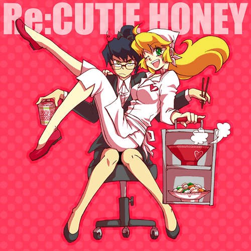 aki_natsuko, angry, aosm, black_hair, blonde_hair, cutie_honey, cutie_honey_(character), food