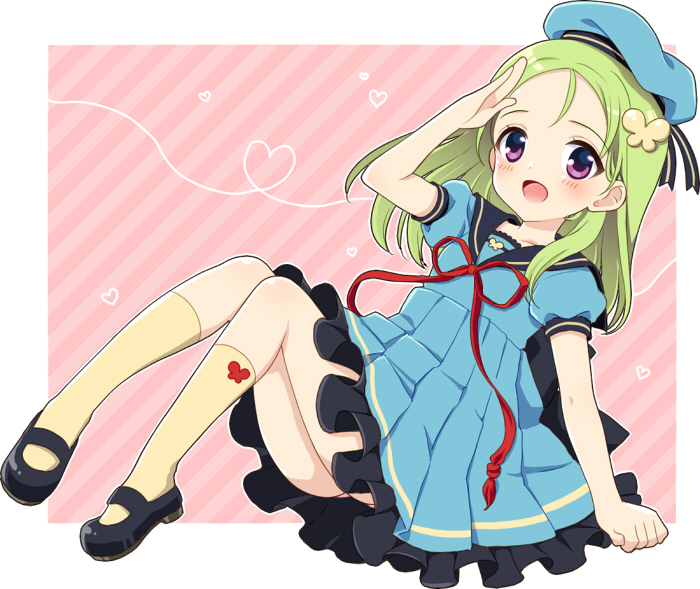 :d, blush, butterfly_hair_ornament, diagonal_stripes, dress, eiyuu_senki, green_hair, hair_ornament