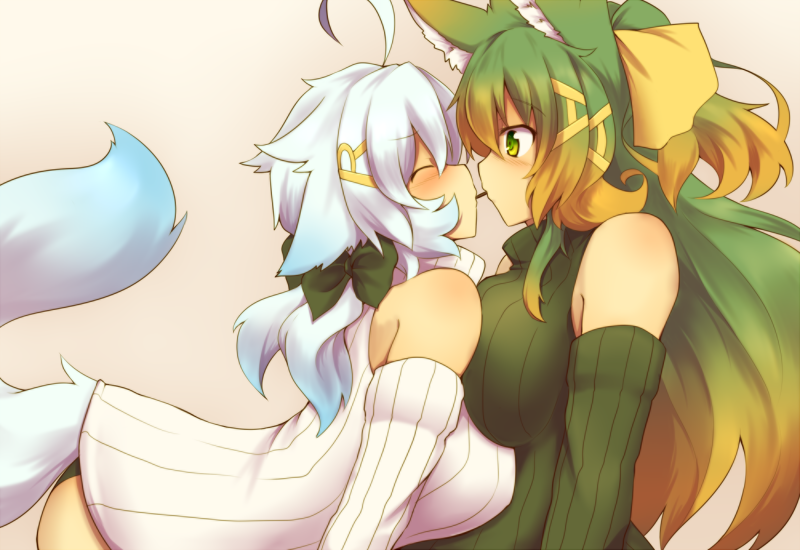 ahoge, animal_ears, asymmetrical_docking, bare_shoulders, bent_over, black_panties, breast_press, breasts