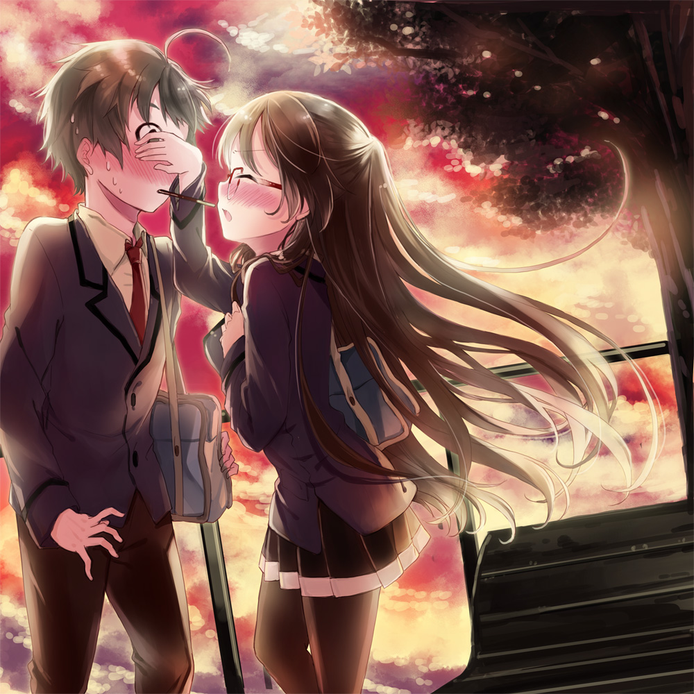 1girl, blush, brown_hair, closed-eyes, closed_eyes, covering_eyes, eyes_closed, glasses, hadi_girl, hand_covering_eyes, honda_ryou, kaedena_akino, kagura_sae, long_hair, pantyhose, pocky, school_uniform, surprised