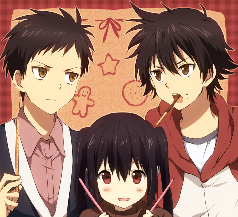 2boys, black_hair, brown_eyes, brown_hair, crossover, fujisaki_yuusuke, happy_birthday, hoodie