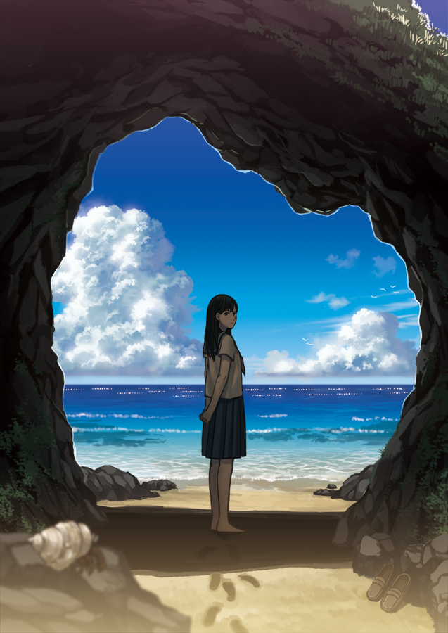 amemura_(caramelo), arms_behind_back, barefoot, bird, black_hair, blurry, cloud, clouds