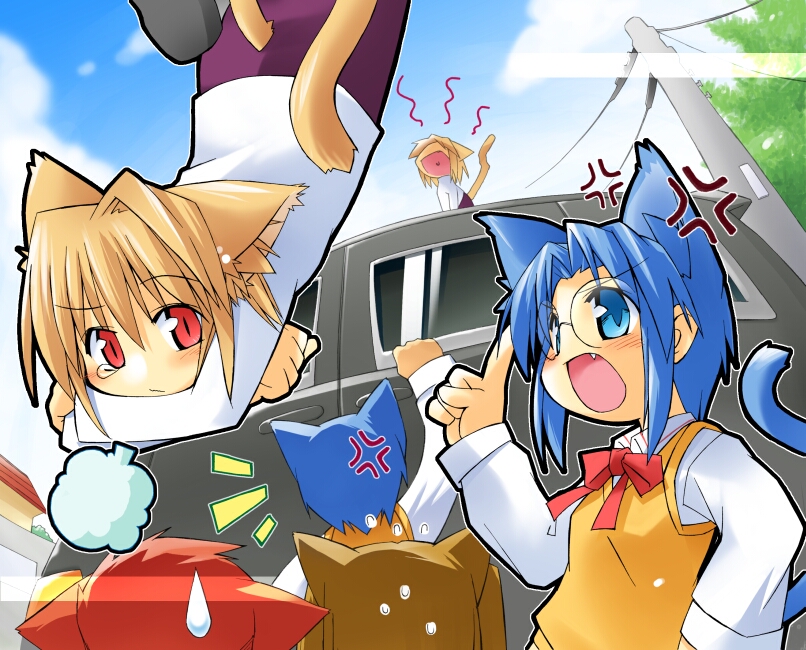 animal_ears, arcueid_brunestud, blue_eyes, blue_hair, brown_hair, cat, cat_ears, ciel