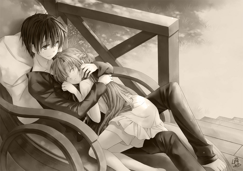 1girl, asuna_(sao), barefoot, casual, closed_eyes, couple, eyes_closed, hug, kirito, long_hair, lounge_chair, monochrome, pillow, short_hair, sleeping, sword_art_online, umi111