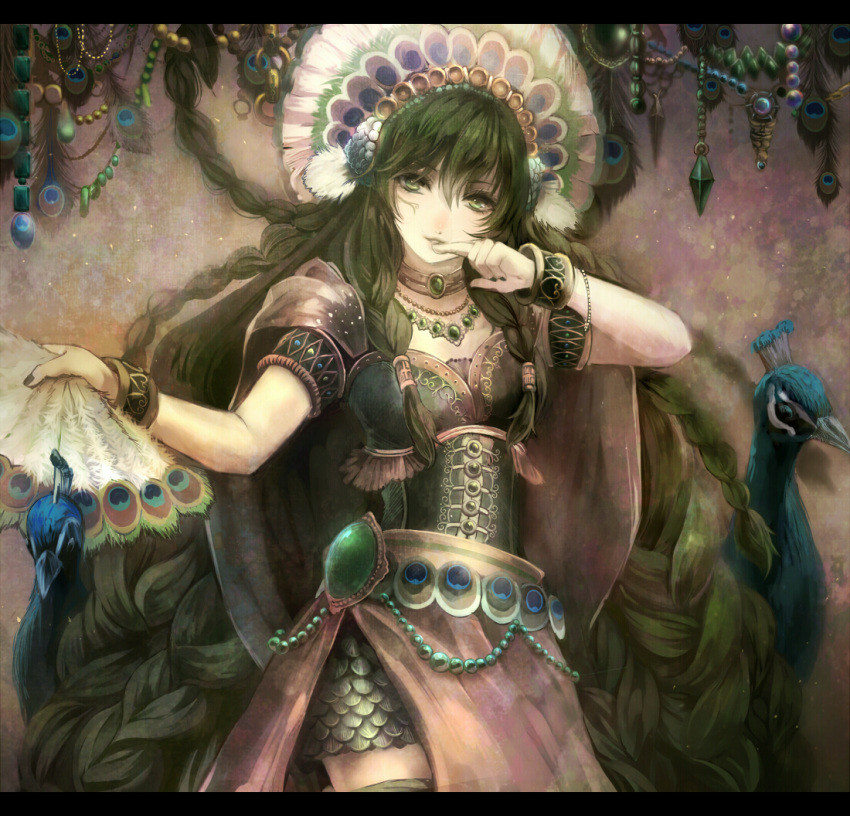 armor, bird, braid, dance, fan, green_eyes, green_hair, holding