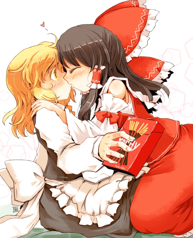 ^_^, bare_shoulders, black_hair, blonde_hair, blush, braid, brown_hair, closed_eyes, detached_sleeves, eyes_closed, hair_tubes, hakurei_reimu, heart, holding, kanoe_soushi, kirisame_marisa, kiss, long_hair, multiple_girls, no_hat, no_headwear, pocky, single_braid, sitting, touhou, yellow_eyes, yuri
