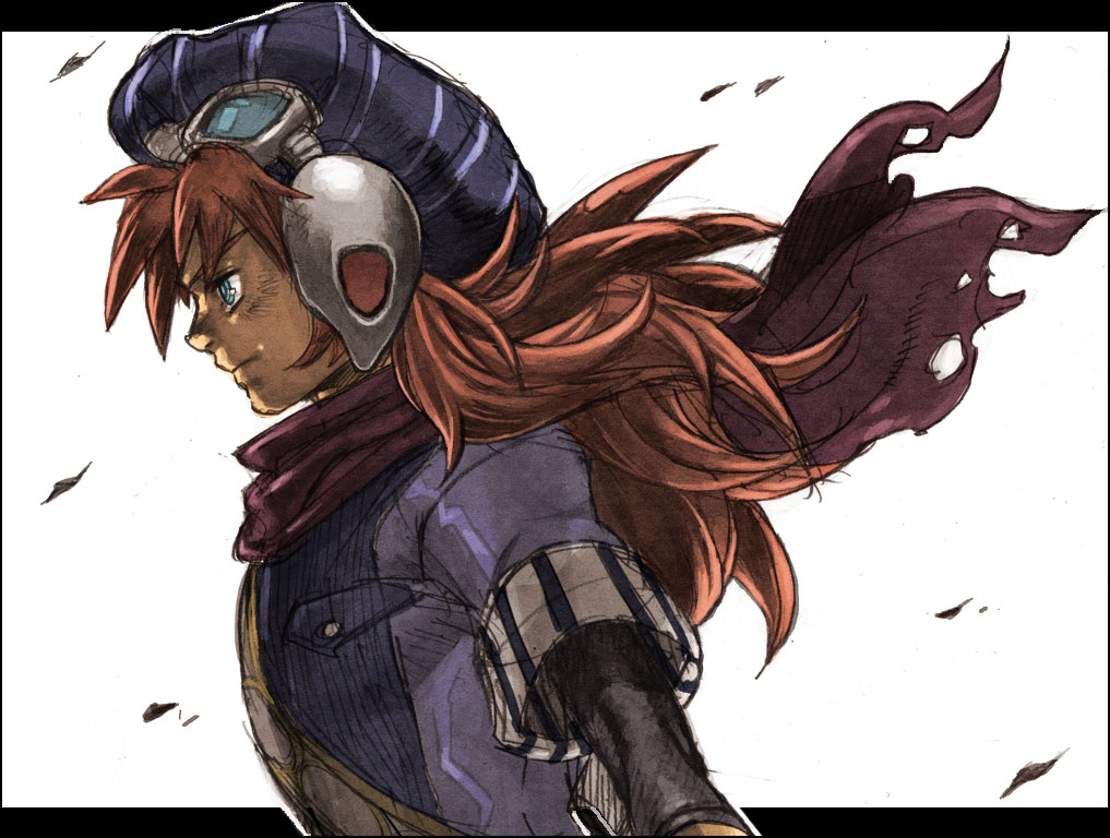 cape, goggles, grandia, grandia_i, graphite_(medium), justin, letterboxed, long_hair