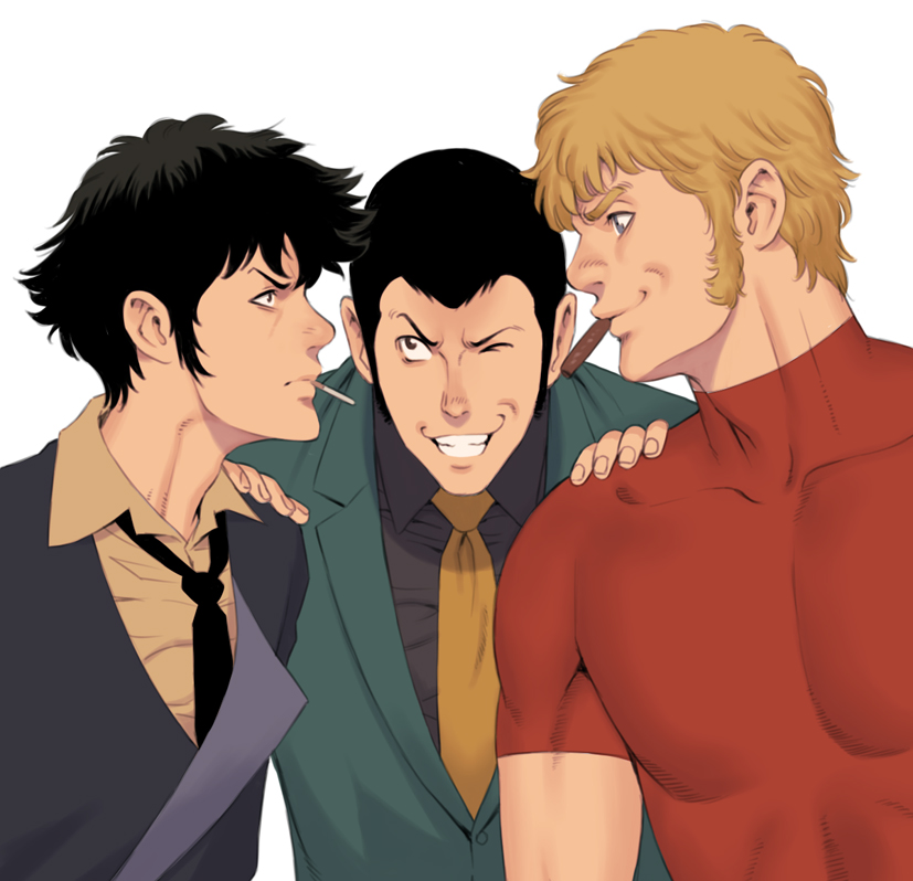 arsene_lupin_iii, black_hair, blonde_hair, cigar, cigarette, cobra, cowboy_bebop, grin, lupin_iii, male, multiple_boys, necktie, short_hair, simple_background, smile, space_adventure_cobra, spike_spiegel, takasugi_kou, wink