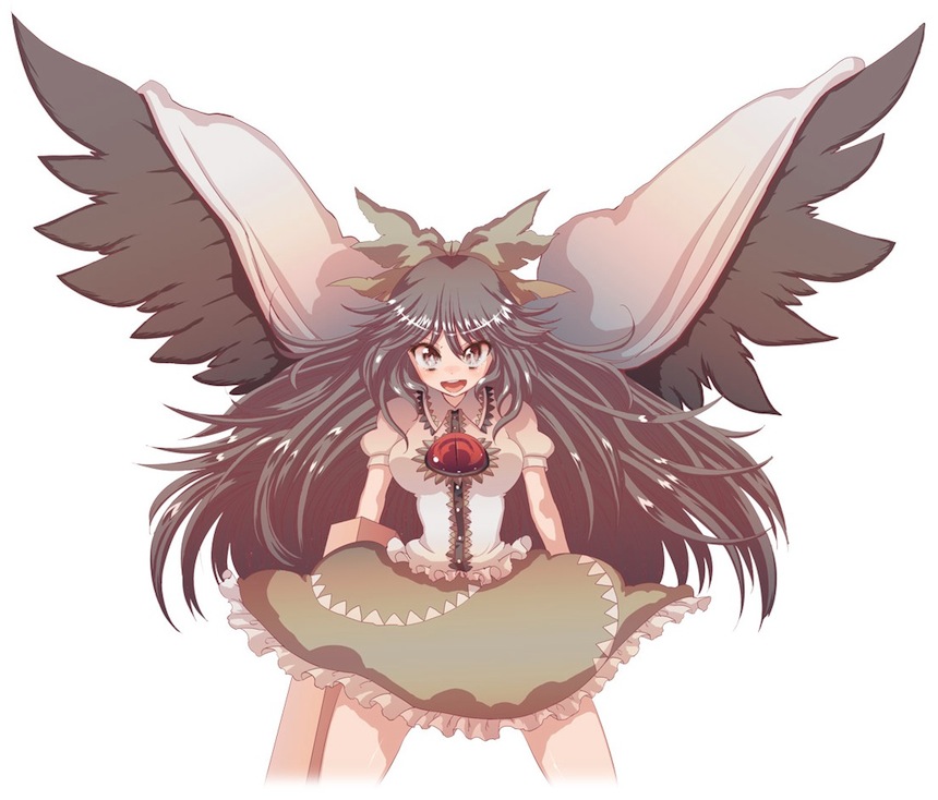 arm_cannon, black_hair, black_wings, bow, brown_eyes, cape, cream_(nipakupa), hair_bow
