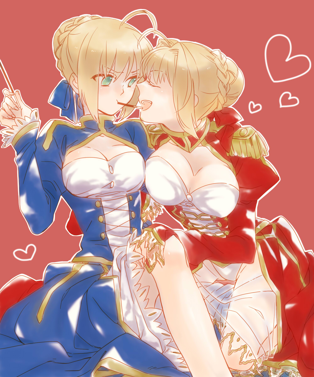 2girls, ahoge, artoria_pendragon_(all), blonde_hair, blush, breasts, cleavage, cleavage_cutout, dress, emiya-san_chi_no_kyou_no_gohan, epaulettes, fate/extra, fate/grand_order, fate/stay_night, fate_(series), green_eyes, hair_ribbon, highres, large_breasts, multiple_girls, nero_claudius_(fate)_(all), oekaki-daisuki-dessu, pocky, pocky_kiss, ribbon, saber, saber_extra, shared_food, type-moon, yuri