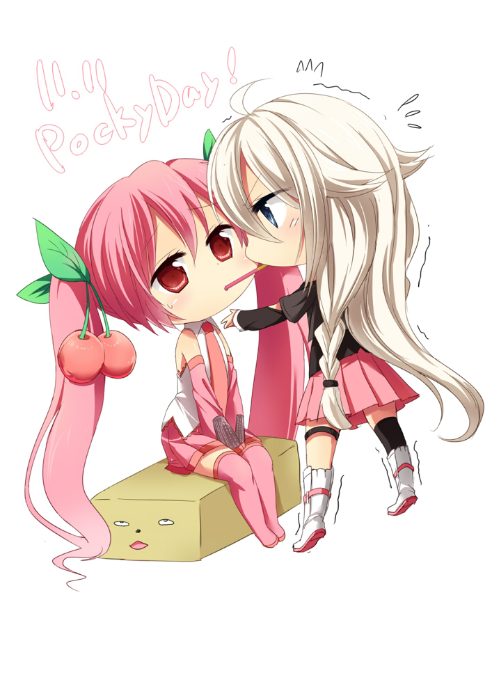 blue_eyes, boots, cherry, chibi, dated, detached_sleeves, food, fruit