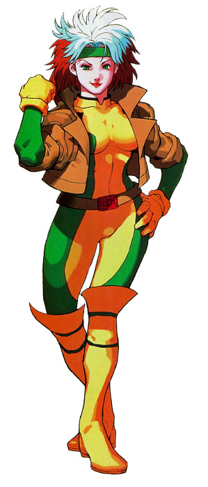 1girl, 90s, belt, bengus, bodysuit, boots, breasts, capcom, cropped_jacket, gloves, green_eyes, headband, jacket, knee_boots, long_hair, marvel, multicolored_hair, official_art, redhead, rogue_(x-men), smile, solo, two-tone_hair, white_hair, x-me, x-men_vs._street_fighter, x-men_vs_street_fighter