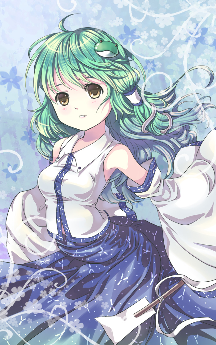 1girl, bad_id, brown_eyes, detached_sleeves, green_hair, kochiya_sanae, long_skirt, skirt