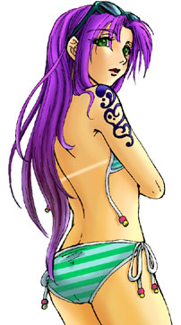 atago, bare_back, bikini, bikini_bottom, faris_scherwiz, female, final_fantasy, final_fantasy_v, green_eyes, long_hair, looking_back, purple_hair, solo, sunglasses, swimsuit, tattoos