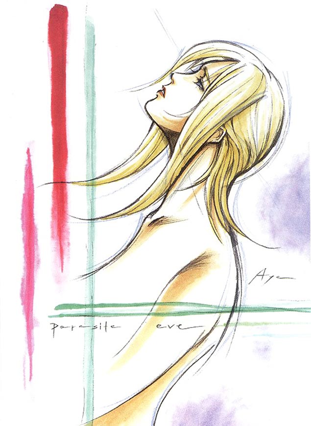 aya_brea, blonde_hair, blue_eyes, concept_art, long_hair, nomura_tetsuya, nude, official_art
