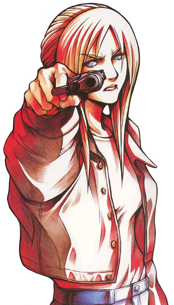 aiming_at_viewer, angry, aya_brea, blonde_hair, blue_eyes, casual, gangsta_hold, gun