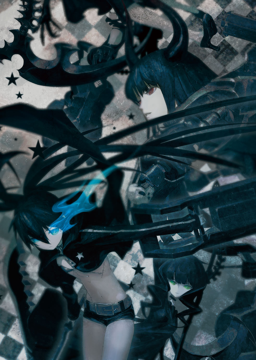 black_gold_saw, black_hair, black_rock_shooter, black_rock_shooter_, black_rock_shooter_(character), blue_eyes, blue_hair, boots