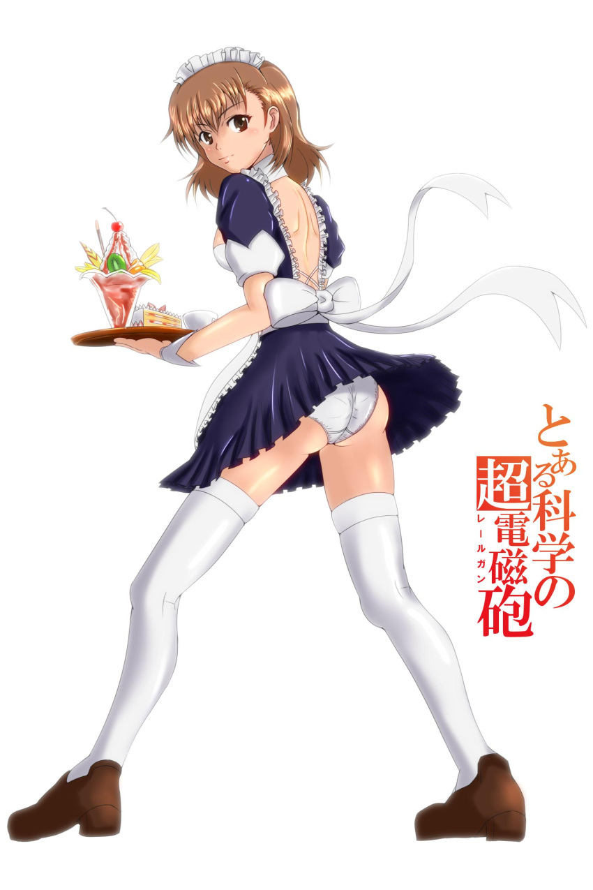 1girl, absurdres, ass, big_kapipara, brown_eyes, brown_hair, cake, eyebrows_visible_through_hair, food, highres, maid_headdress, misaka_mikoto, panties, pantyshot, parfait, short_hair, solo, thigh-highs, thighhighs, to_aru_majutsu_no_index, tray, underwear, waitress, white_panties