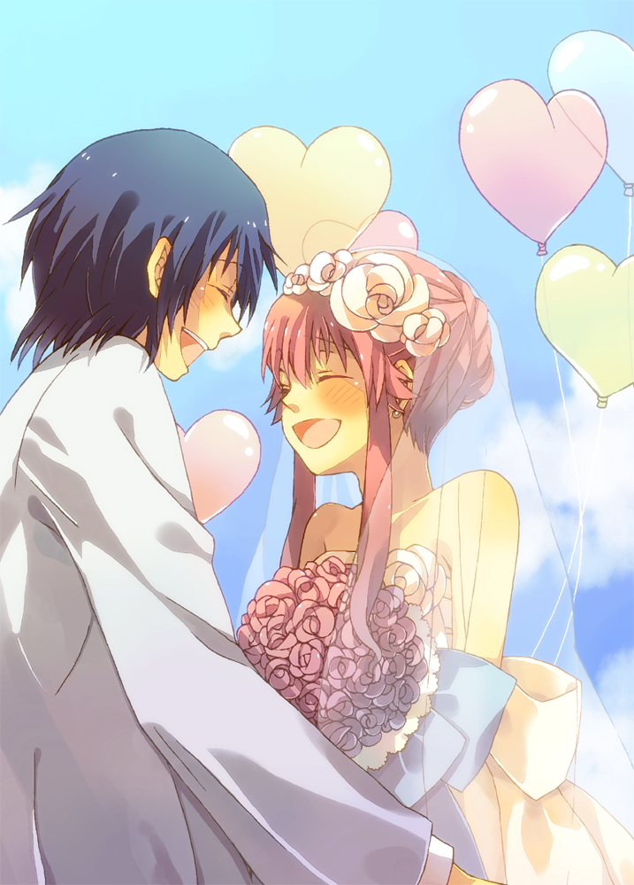 1girl, angel_beats!, balloon, blue_hair, blush, bride, closed_eyes, couple