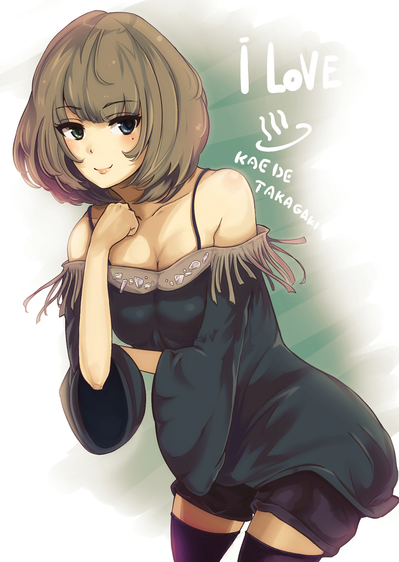 bare_shoulders, black_legwear, blue_eyes, breasts, brown_hair, cleavage, dress, gaku_daichi, green_eyes, heterochromia, idolmaster, idolmaster_cinderella_girls, mole, solo, spaghetti_strap, takagaki_kaede, thigh-highs, thighhighs
