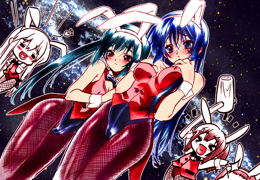 >_<, akiyama_mio, animal_ears, blonde_hair, blue_eyes, blue_hair, brown_eyes, brown_hair