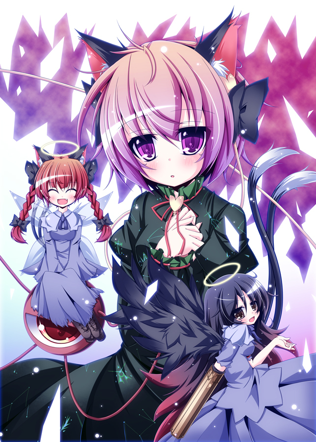 animal_ears, braid, cat_ears, cosplay, futase_hijiri, hair_ribbon, halo, kaenbyou_rin, kaenbyou_rin_(cosplay), komeiji_satori, minigirl, multiple_girls, purple_eyes, reiuji_utsuho, revision, ribbon, touhou, violet_eyes, wings, zombie_fairy, zombie_fairy_(cosplay)