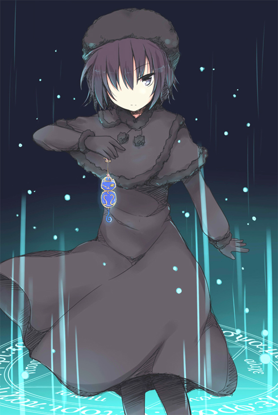 black_eyes, black_hair, capelet, dress, frown, fur_hat, fur_trim, gloves