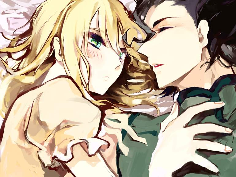 1girl, bed, blonde_hair, blush, couple, fate/zero, fate_(series), green_eyes