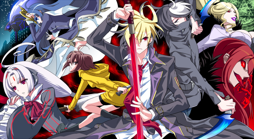 ahoge, amamori_(raindrops), blazer, blonde_hair, breasts, carmine, dual_wielding, forehead_jewel