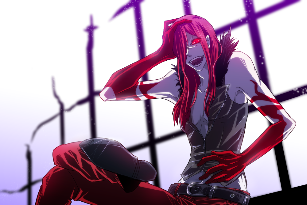 amamori_(raindrops), belt, carmine, crossed_legs, fur_collar, hair_over_one_eye, laughing, legs_crossed, open_mouth, pants, red_eyes, red_hair, redhead, sitting, solo, tattoo, under_night_in-birth