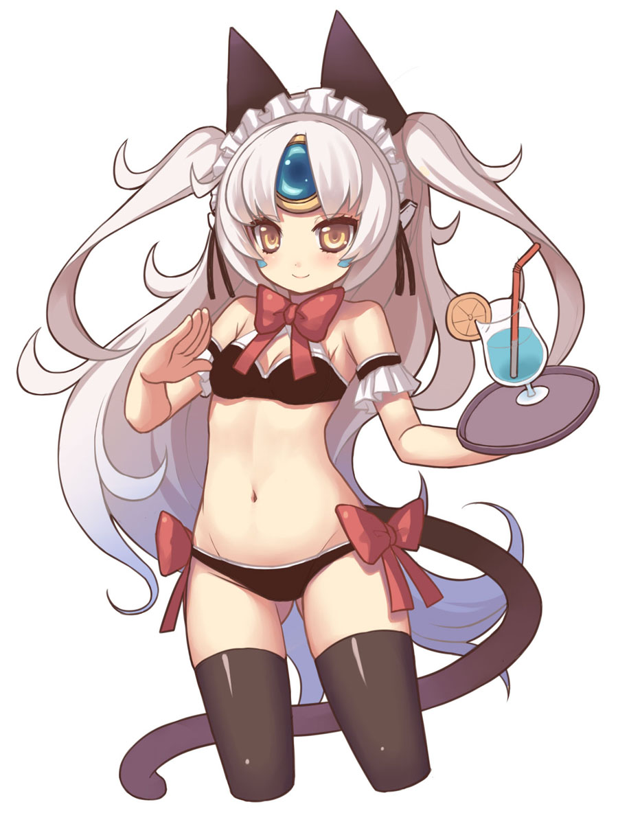 animal_ears, bikini, black_bikini, black_legwear, blush, bow, cat_ears, cat_tail