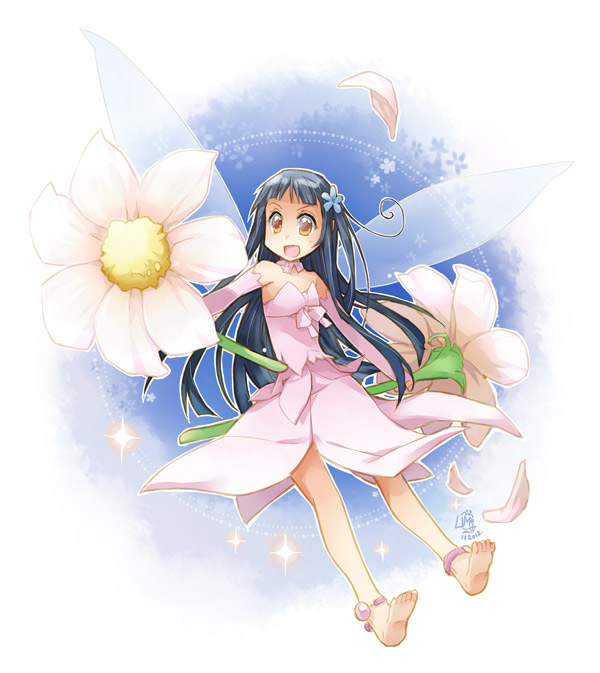 anklet, barefoot, black_hair, brown_eyes, dress, fairy, fairy_wings, flower