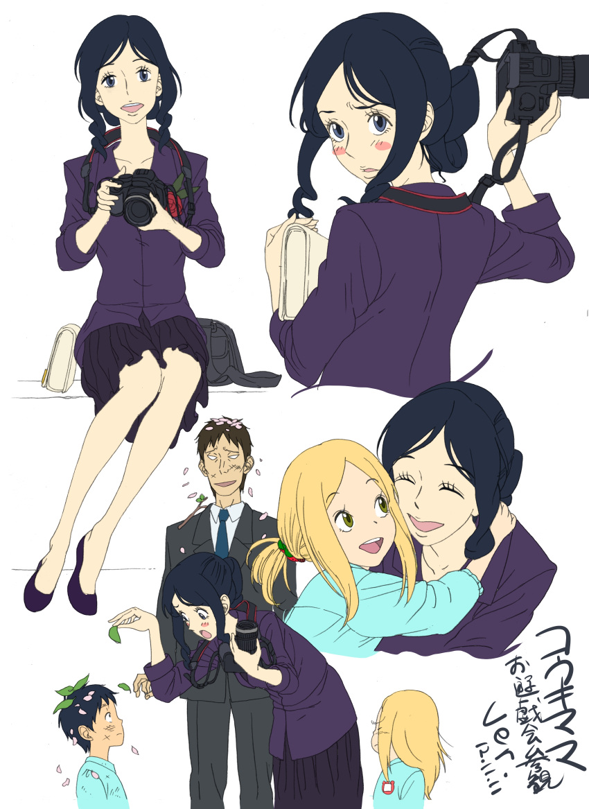 2girls, absurdres, bag, black_hair, blonde_hair, blue_eyes, blush, camera, cherry_blossoms, everyone, flower, formal, green_eyes, highres, kaga_rin, kawachi_daikichi, leaf, mizutama_(tukiguma1713), multiple_boys, multiple_girls, necktie, nitani_kouki, nitani_yukari, open_mouth, ponytail, purse, rose, strap, suit, usagi_drop