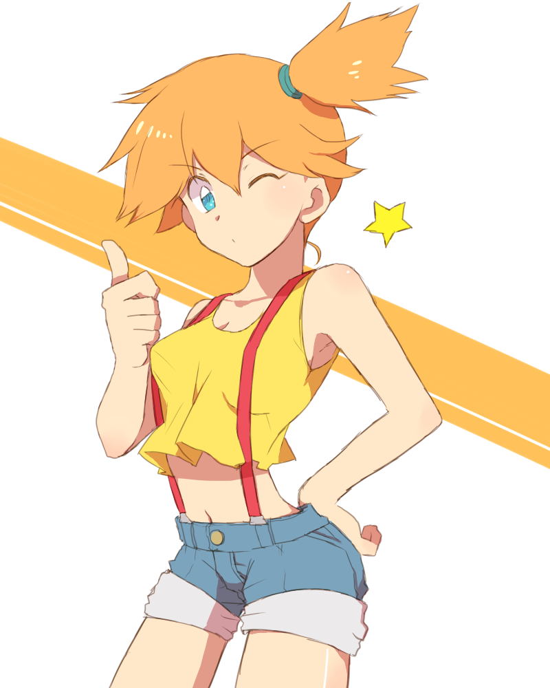 hand_on_hip, kasumi_(pokemon), midriff, misty_(pokemon), navel, orange_hair, pokemon, pokemon_(anime), pokemon_(game), revision, short_hair, shorts, side_ponytail, sooya, star, suspenders, thumbs_up, wink