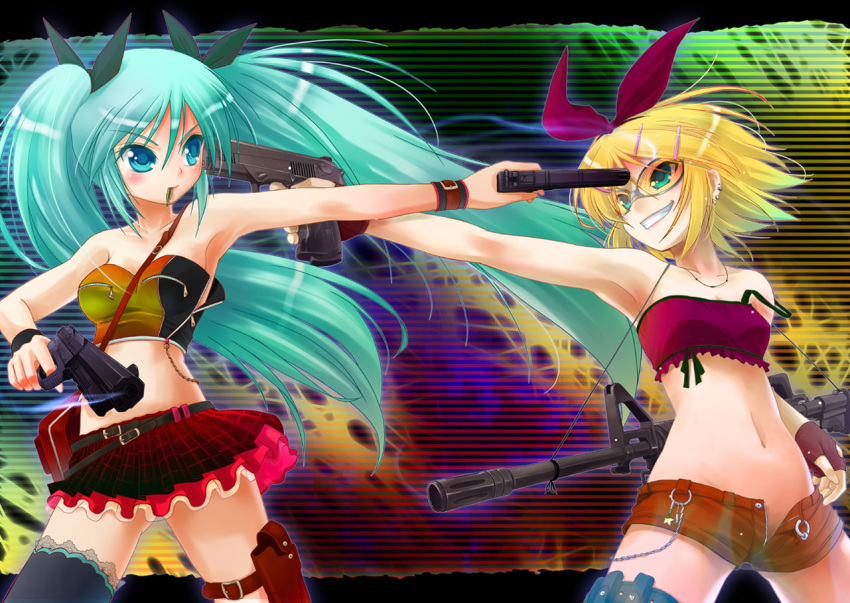 aqua_eyes, aqua_hair, armpits, assault_rifle, bandeau, bare_shoulders, belt, blonde_hair