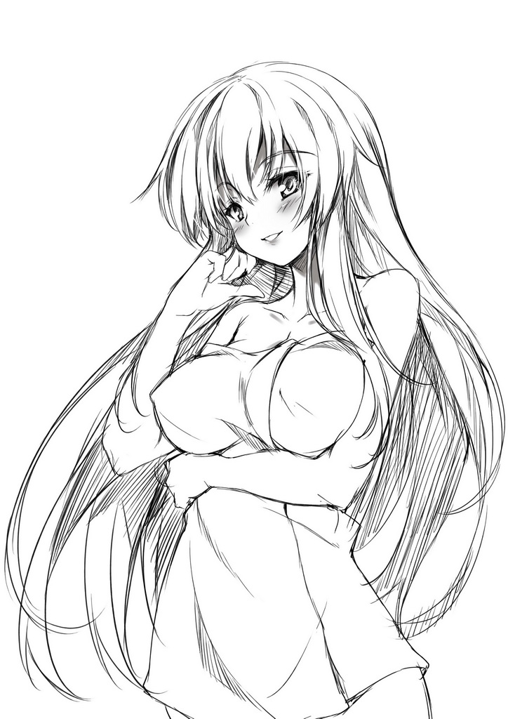 bare_shoulders, blush, long_hair, monochrome, naked_towel, redcomet, simple_background, smile