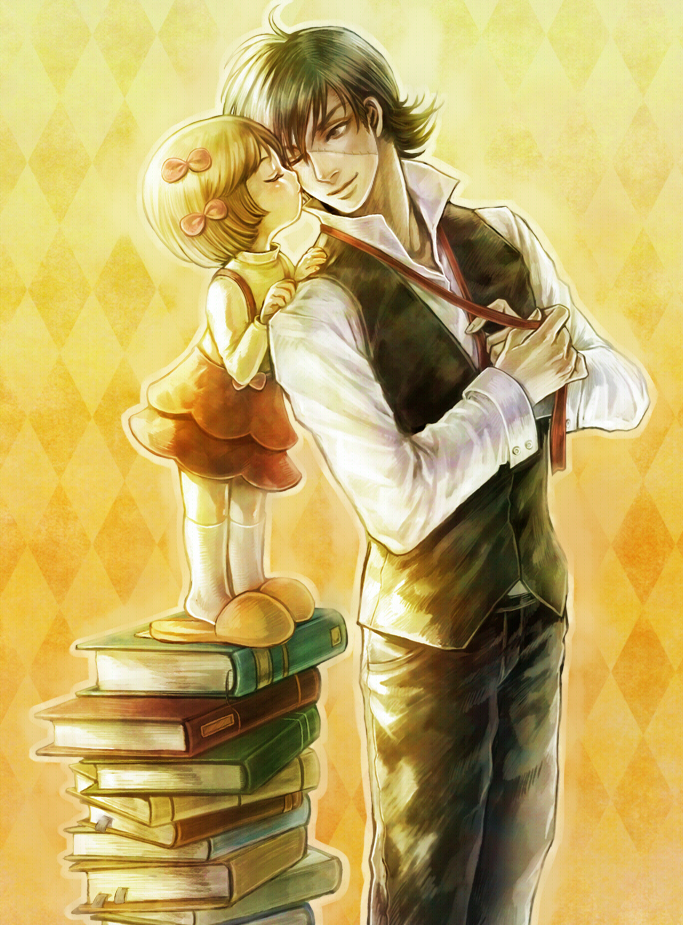 black_jack, black_jack_(copyright), blonde_hair, book, cheek_kiss, child, closed_eyes, eyes_closed