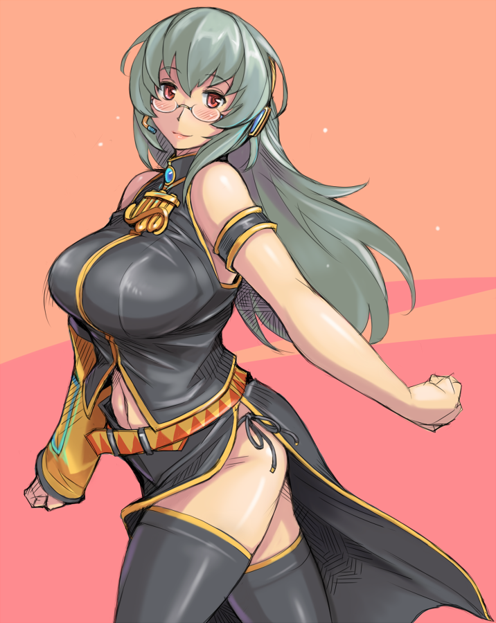 adult, belt, bespectacled, blush, breasts, cosplay, detached_sleeves, glasses